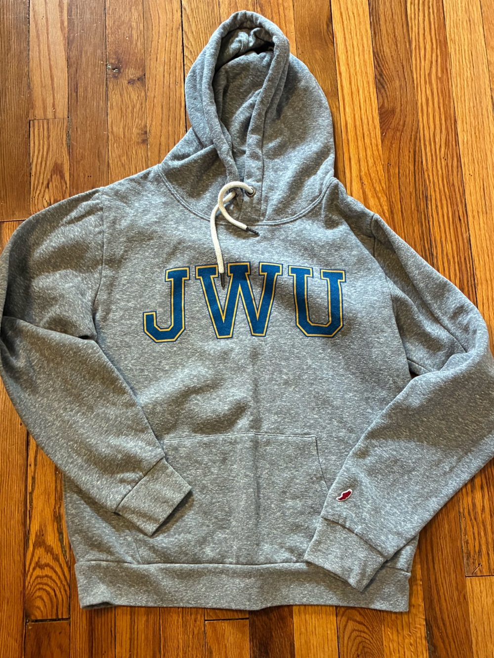 Johnson and Wales League Gray Hoodie with Blue and Yellow JMU Lettering